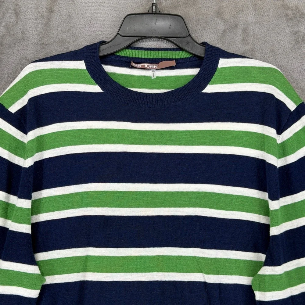 Mr Turk Mens XL Striped Cotton Crewneck Sweater Navy Blue Green White 2002900CO2